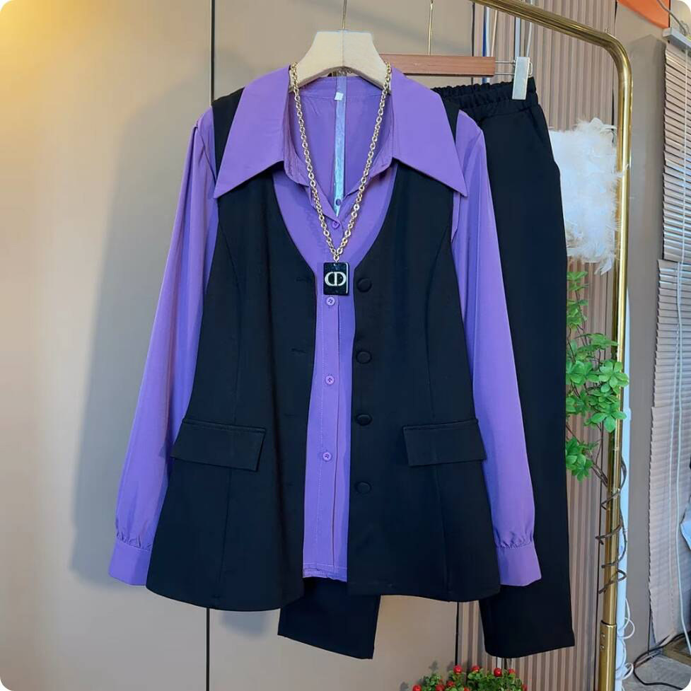 2025早秋新款大码女装胖mm欧货时尚气质显瘦马甲打底衫裤子三件套,淘宝优惠券,粉丝福利购,淘宝优惠卷