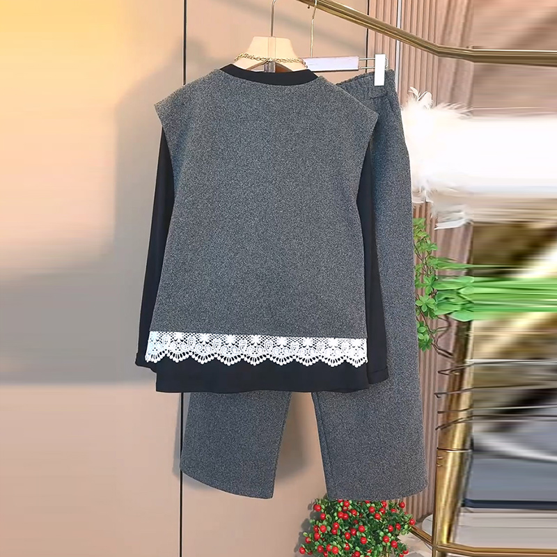 2025秋季爆款大码女装蕾丝拼接薄呢马甲休闲直筒裤打底衫三件套潮 - 图2