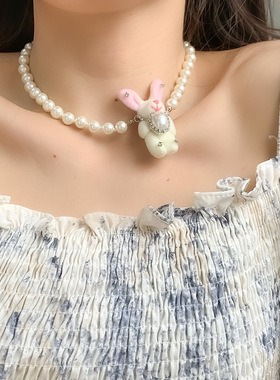 椭圆镶钻珍珠布偶兔子锁骨链个性轻奢简约项链小众高级感项饰吊坠