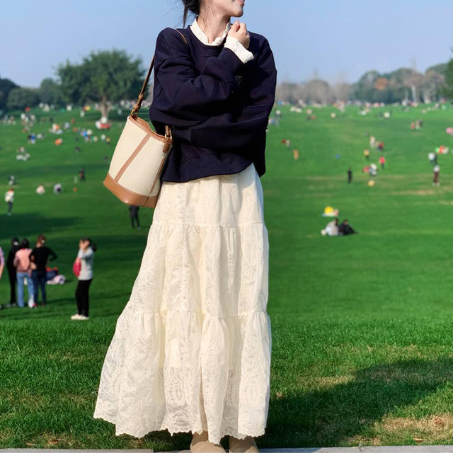 Mid-length cake skirt Korean style A-line lace skirt