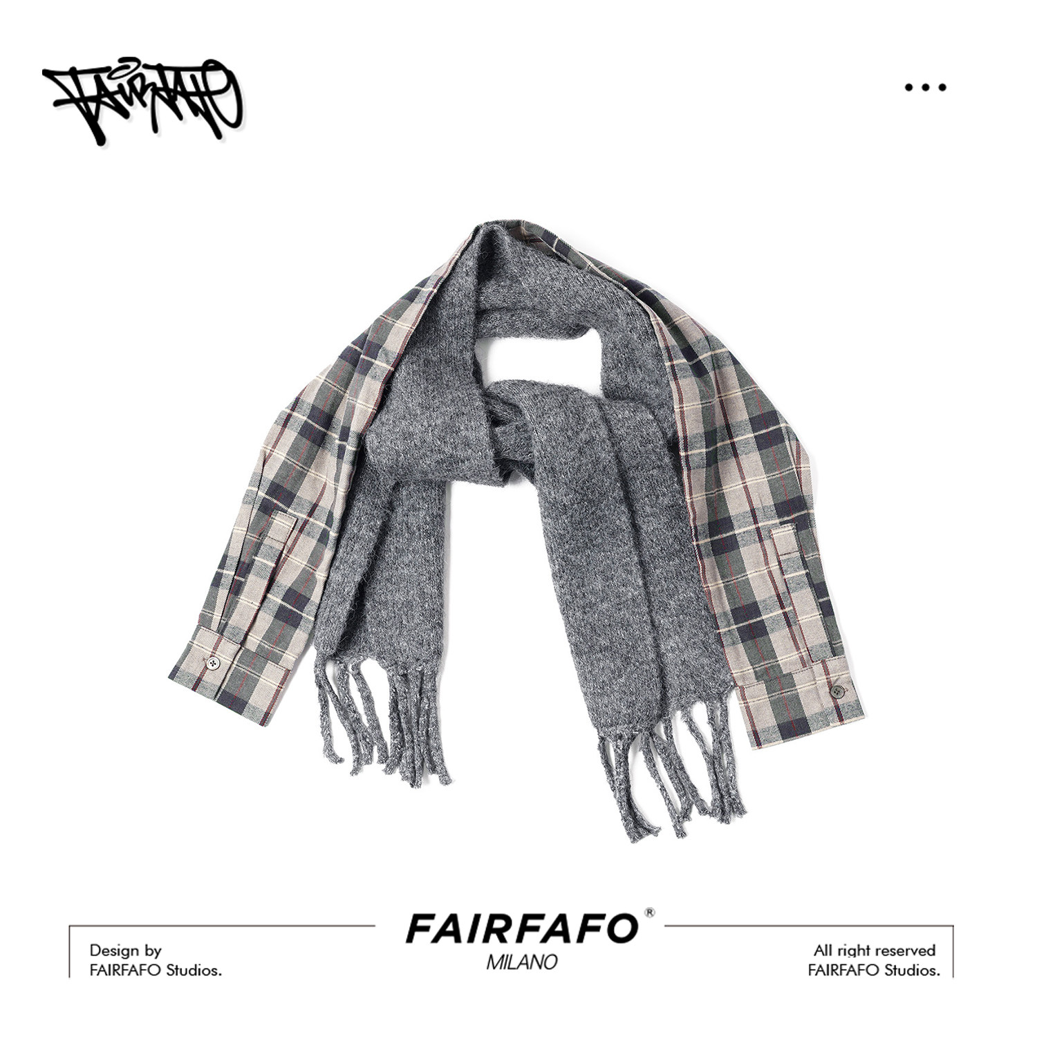 林肉肉【衬衫袖拼接围巾】早秋时髦百搭格子拼接绵羊毛灰色围巾女