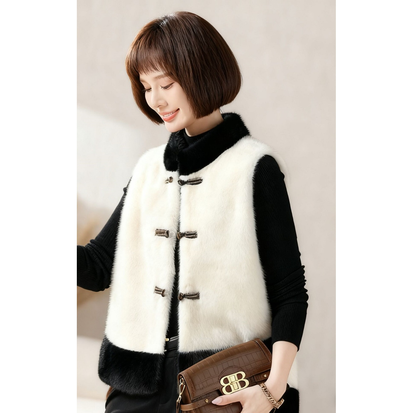 高端罗兰貂皮毛一体秋冬马甲国风新中式立领上衣女坎肩仿皮草马夹 - 图3