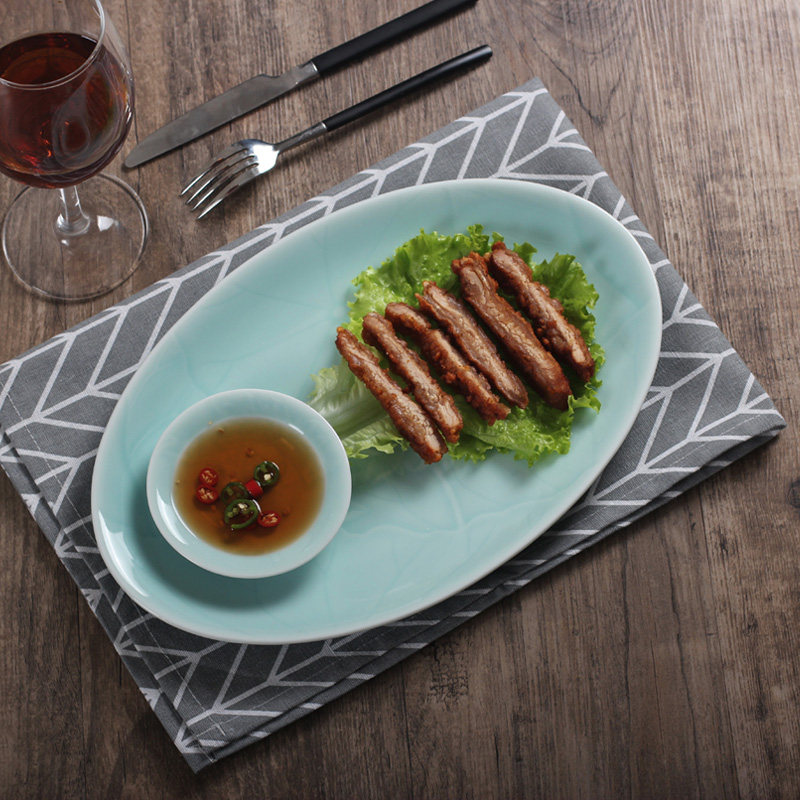 龙泉青瓷创意陶瓷餐具鱼盘沙拉碗家用水果盘大盘西餐盘焗饭盘椭圆,淘宝优惠券,粉丝福利购,淘宝优惠卷