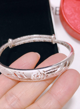 香港正生足银花开富贵手镯首饰S999实心牡丹花送妈妈镯子母亲节礼