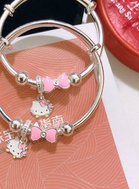 香港正生足银蝴蝶结kt猫宝宝推拉手镯足银999女可爱周岁生日首饰