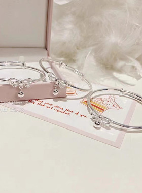 香港正生足银在逃公主蝴蝶结铃铛手镯足银999女学生网红网红手环