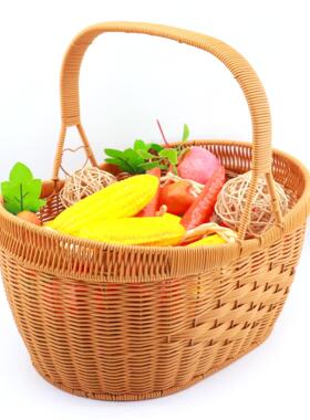 大号元宝仿藤编中式创意野餐户外摘水果买菜篮手提菜篮子仿藤编款