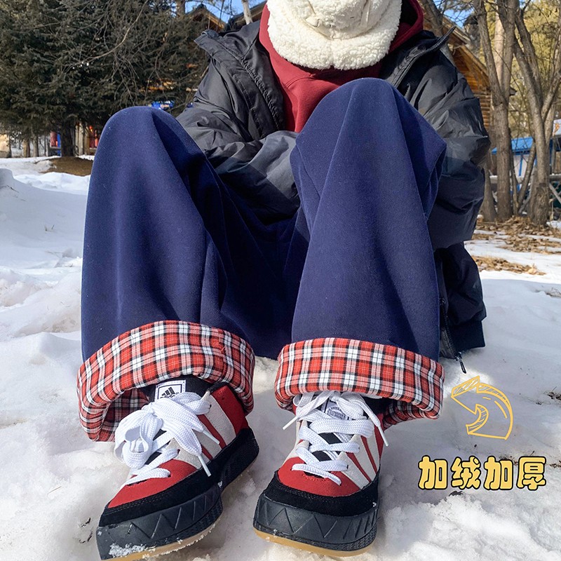 羊羔绒加厚保暖休闲裤子男秋冬宽松直筒阔腿裤格子卷边设计感卫裤 - 图1