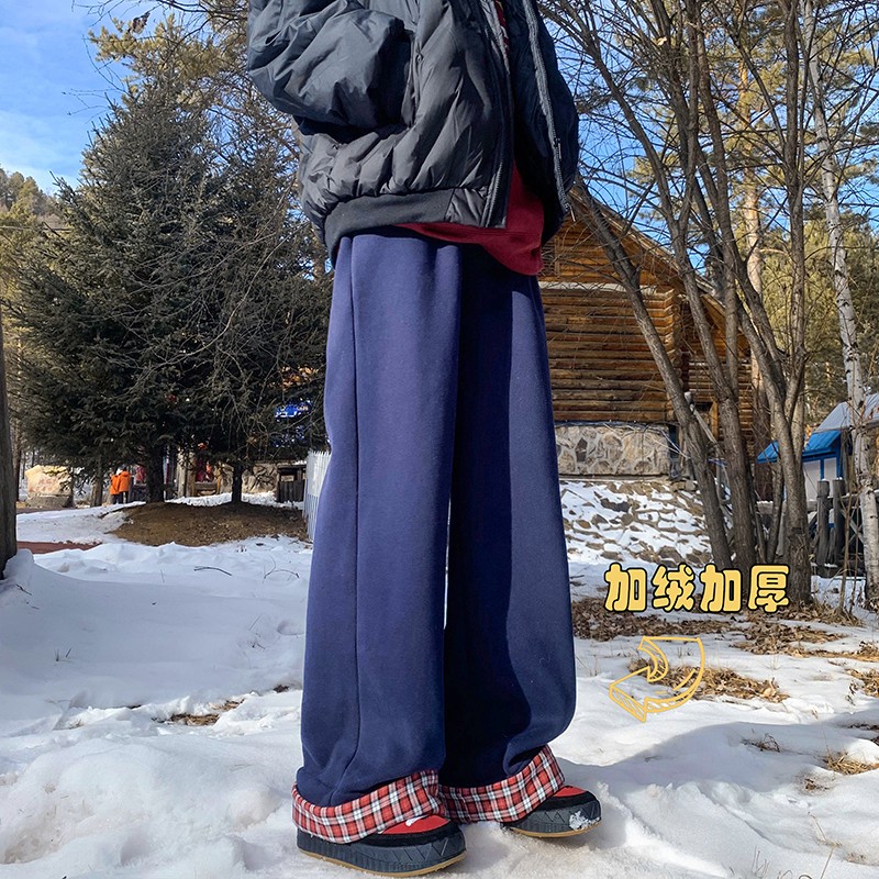 羊羔绒加厚保暖休闲裤子男秋冬宽松直筒阔腿裤格子卷边设计感卫裤 - 图3