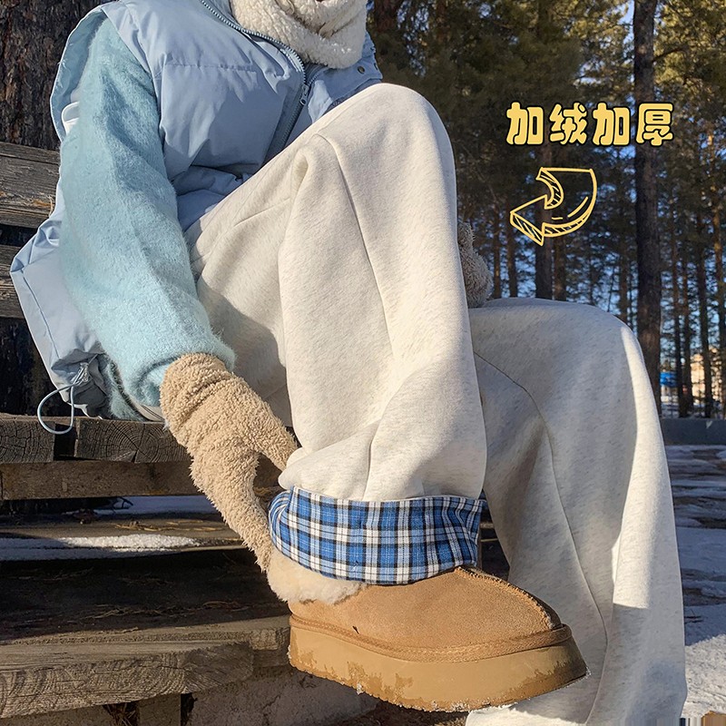 羊羔绒加厚保暖休闲裤子男秋冬宽松直筒阔腿裤格子卷边设计感卫裤 - 图0