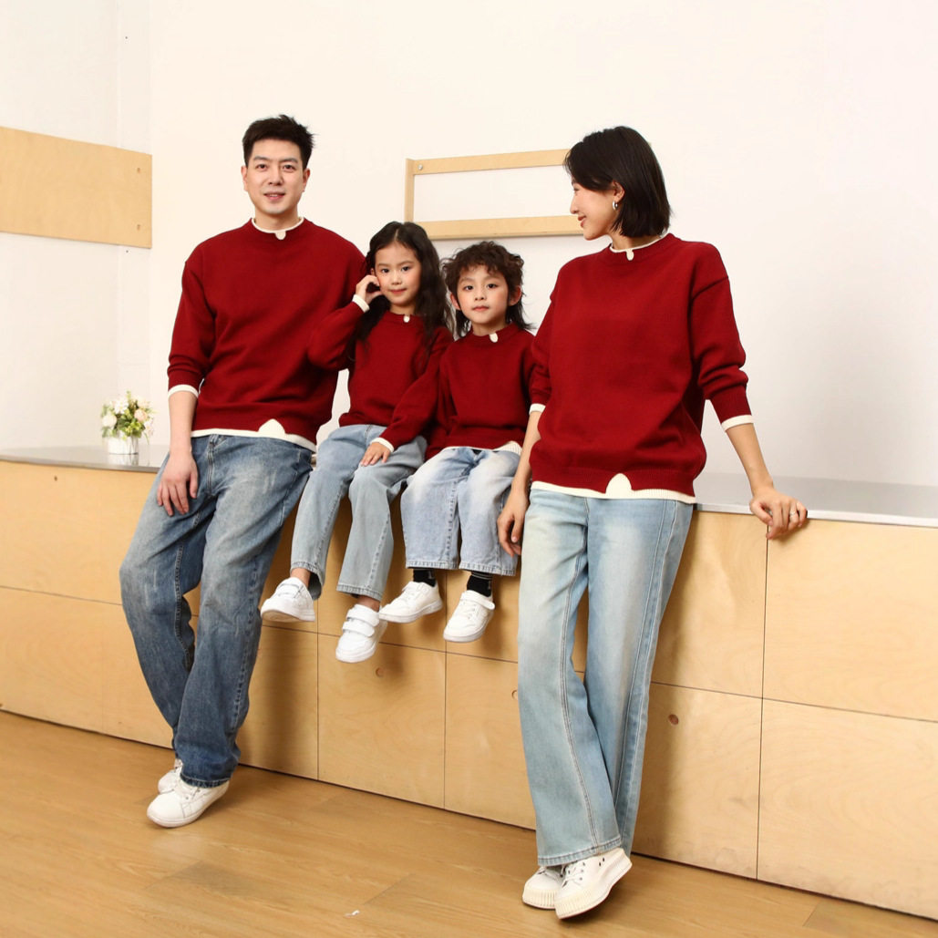 一家三口四口亲子装全家装母女亲子红色假两件套毛衣秋冬装亲子,淘宝优惠券,粉丝福利购,淘宝优惠卷