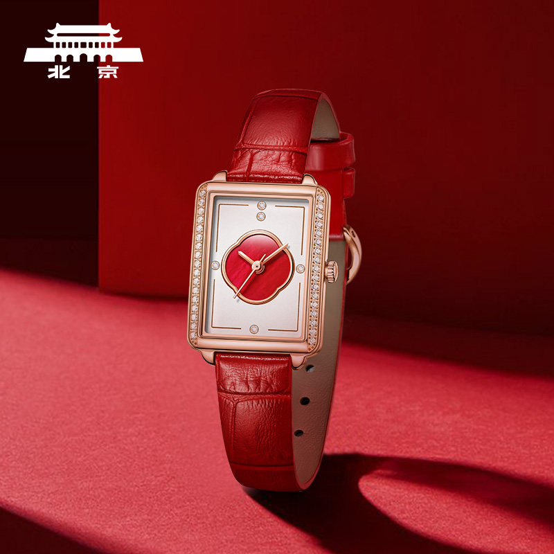 北京手表官方正品石英手表女国风镶钻防水小方表绿表礼物女士腕表