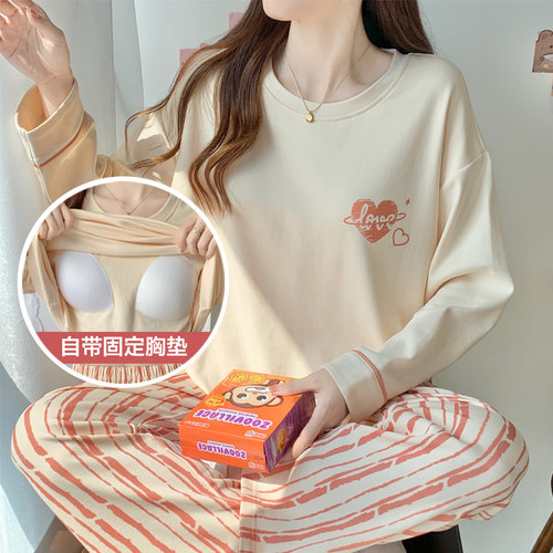 全棉带胸垫睡衣春秋女款纯棉长袖绝美可外穿条纹家居服套装秋冬季 - 图0