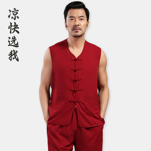 夏季棉麻背心男唐装薄款汗衫新中式马褂透气马甲中老年坎肩中国风 - 图3