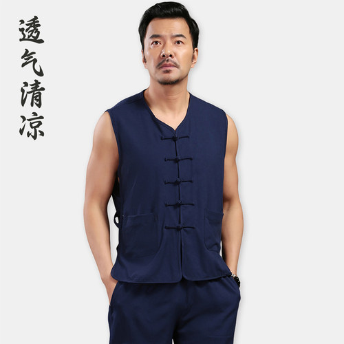 夏季棉麻背心男唐装薄款汗衫新中式马褂透气马甲中老年坎肩中国风 - 图1