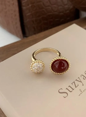 中古真金电镀锆石拉丝戒指ins轻奢高级感食指戒复古气质手饰