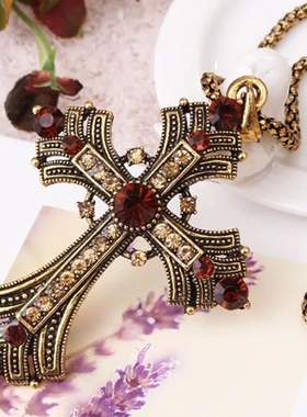 2024年新款复古镶钻项链水钻长款十字架项链毛衣链朋克项链朋克项