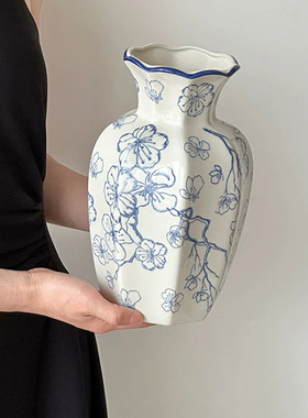 SuMai中古青花瓷复古陶瓷花瓶插花摆件高级感小众家居装饰花瓶