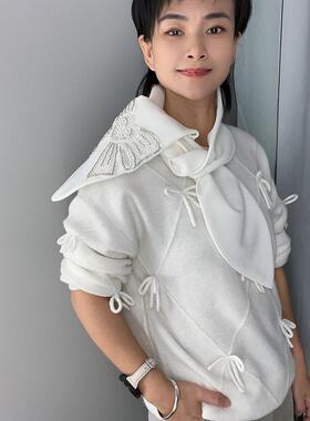 白色围巾韩系氛围感女款2026新款冬高级感蝴蝶结钉珠兔耳朵假领子