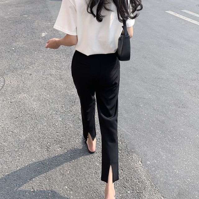 Spring and summer straight high waist women's nine-point suit pants slit