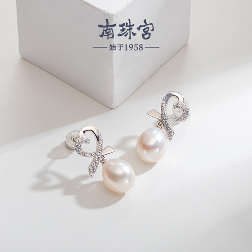 南珠宫925银淡水珍珠耳钉心形耳环水滴强光白色系大颗粒 C-E004SD - 图2