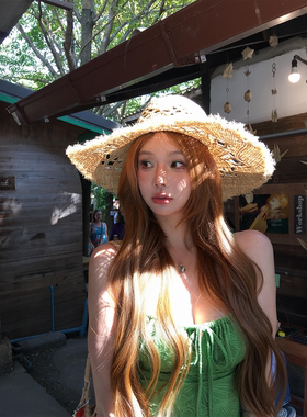 沙滩度假风大版拉菲草遮阳帽
