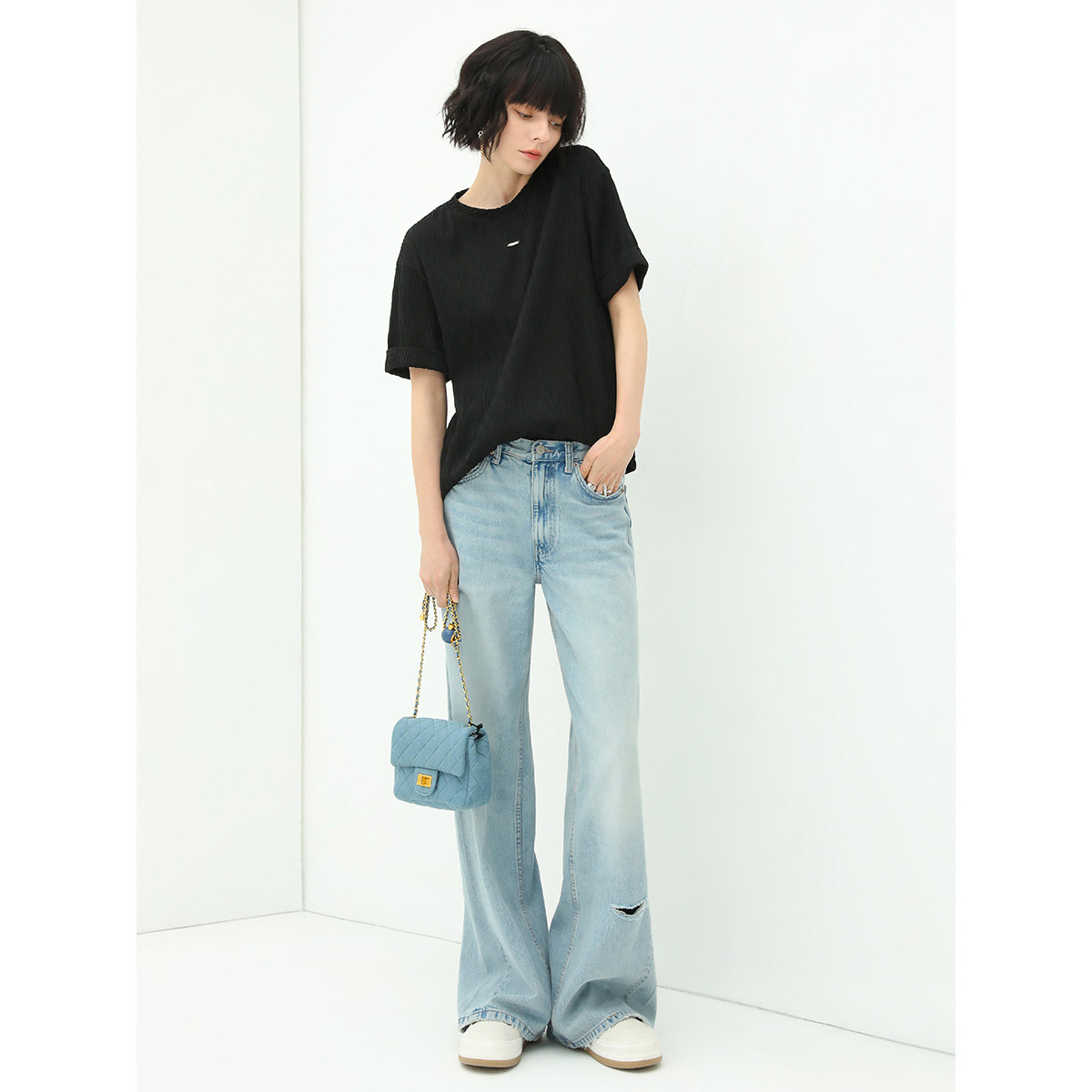 [断码清仓]COCOBELLA时尚破洞宽松牛仔裤女水洗磨白阔腿裤NDN19,淘宝优惠券,粉丝福利购,淘宝优惠卷