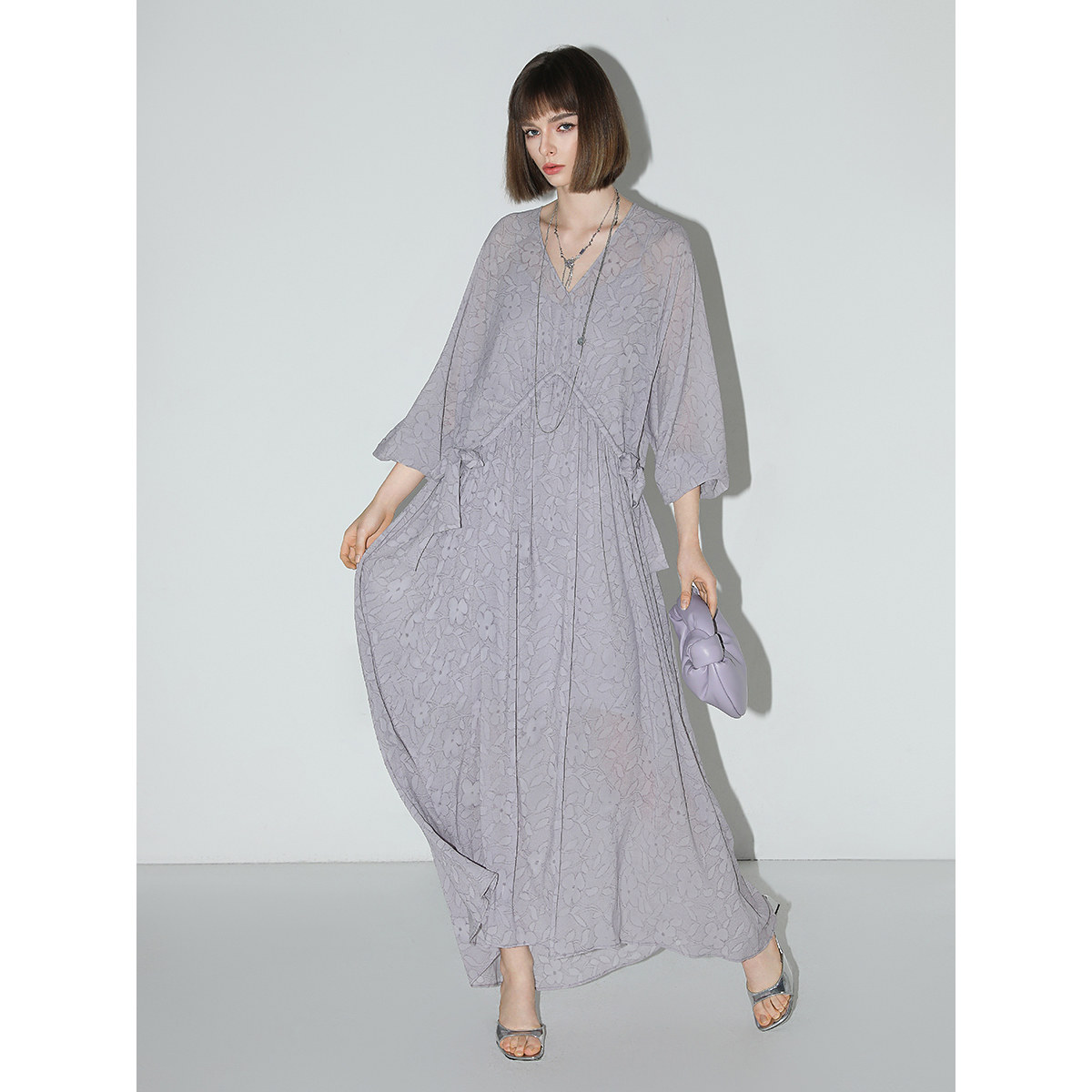 COCOBELLA莫奈紫肌理浮雕压花抽绳连衣裙雪纺裙两件套FR7049,淘宝优惠券,粉丝福利购,淘宝优惠卷