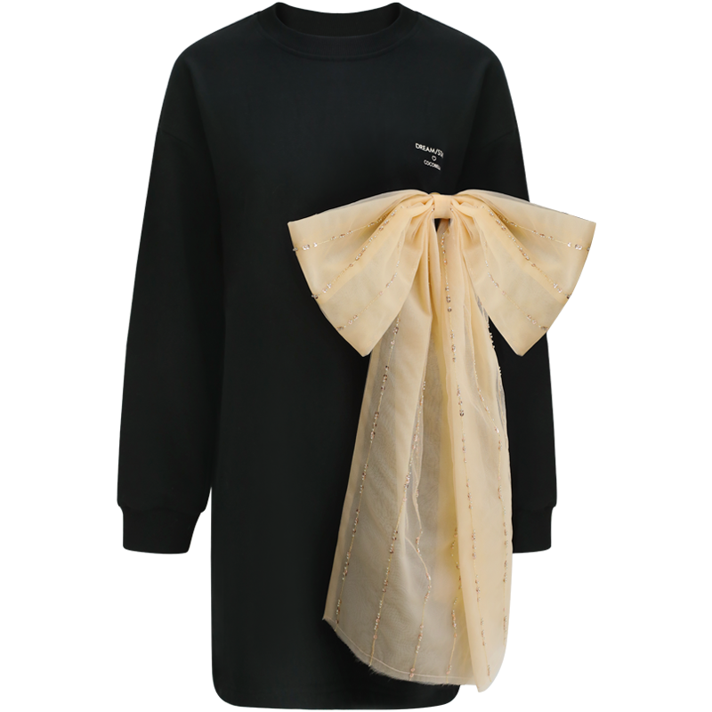 COCOBELLA字母印花珠片绣卫衣裙女秋冬黑色可拆蝴蝶结连衣裙FR514,淘宝优惠券,粉丝福利购,淘宝优惠卷