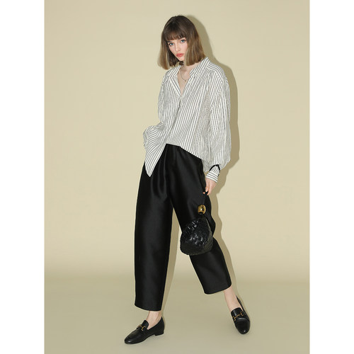 COCOBELLA职场通勤廓形黑色西裤女丝光质感宽松烟管裤PA547 - 图1