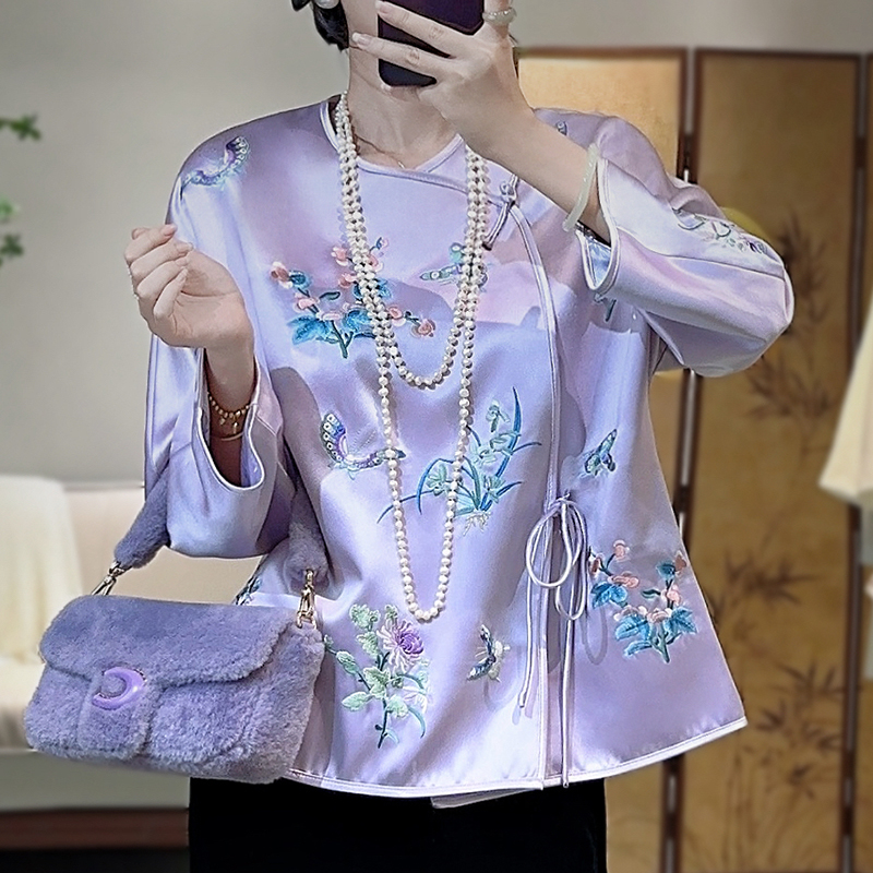 2024年秋冬新款醋酸新中式国风外套气质圆领唐装改良旗袍复古上衣 - 图0