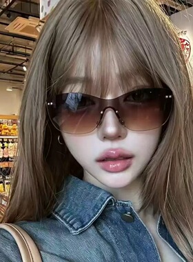 无框连体蓝色太阳眼镜防紫外线韩系Y2K时尚街拍中古墨镜男女新款