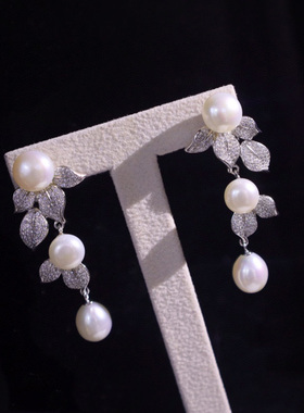 树叶花朵耳环新娘短款淡水珍珠