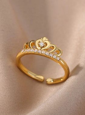 Zircon Crown Rings For Women Vintage Stainless Steel Gold