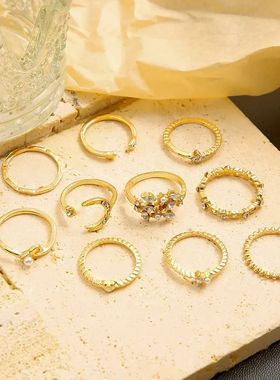 10Pcs Rings Suit For Women Gold-color Chain Ring Set Bohemia