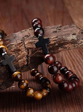 Prayer Men Natural Stone Wood Beads Rosary Hematite Cross