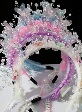 古风粉色珍珠蝴蝶重工女童发箍