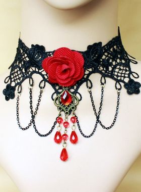 复古黑色蕾丝颈链玫瑰花大红水晶项链女配饰品欧美朋克首饰choker