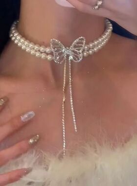 新款超仙气质法式蝴蝶复古双层项链珍珠轻奢高级设计锁骨百塔颈链