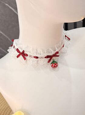 洛丽塔红色蕾丝草莓铃铛项链蝴蝶结项圈蕾丝颈链lolita颈饰甜美