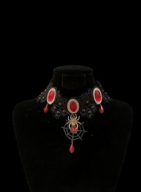 万圣节项链女蜘蛛网锁骨链颈带项圈choker小众设计感红皓石脖环