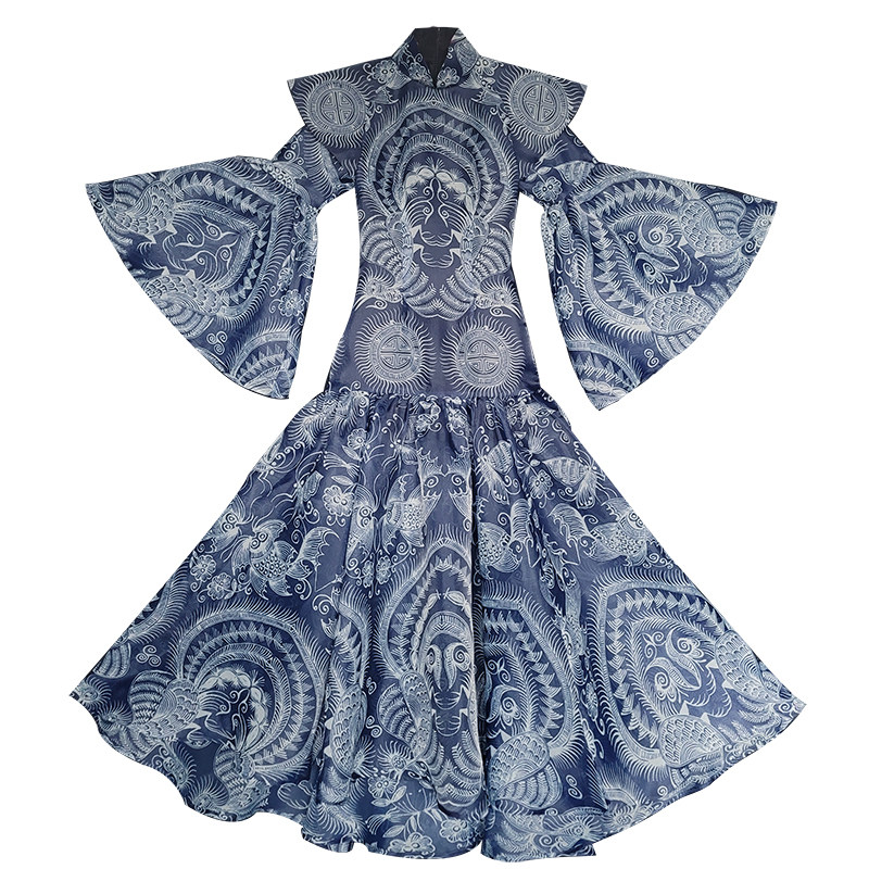 我是朱丽叶原创蜡染风欧根纱宫廷肩喇叭袖超大摆鱼尾民族风礼服裙,淘宝优惠券,粉丝福利购,淘宝优惠卷