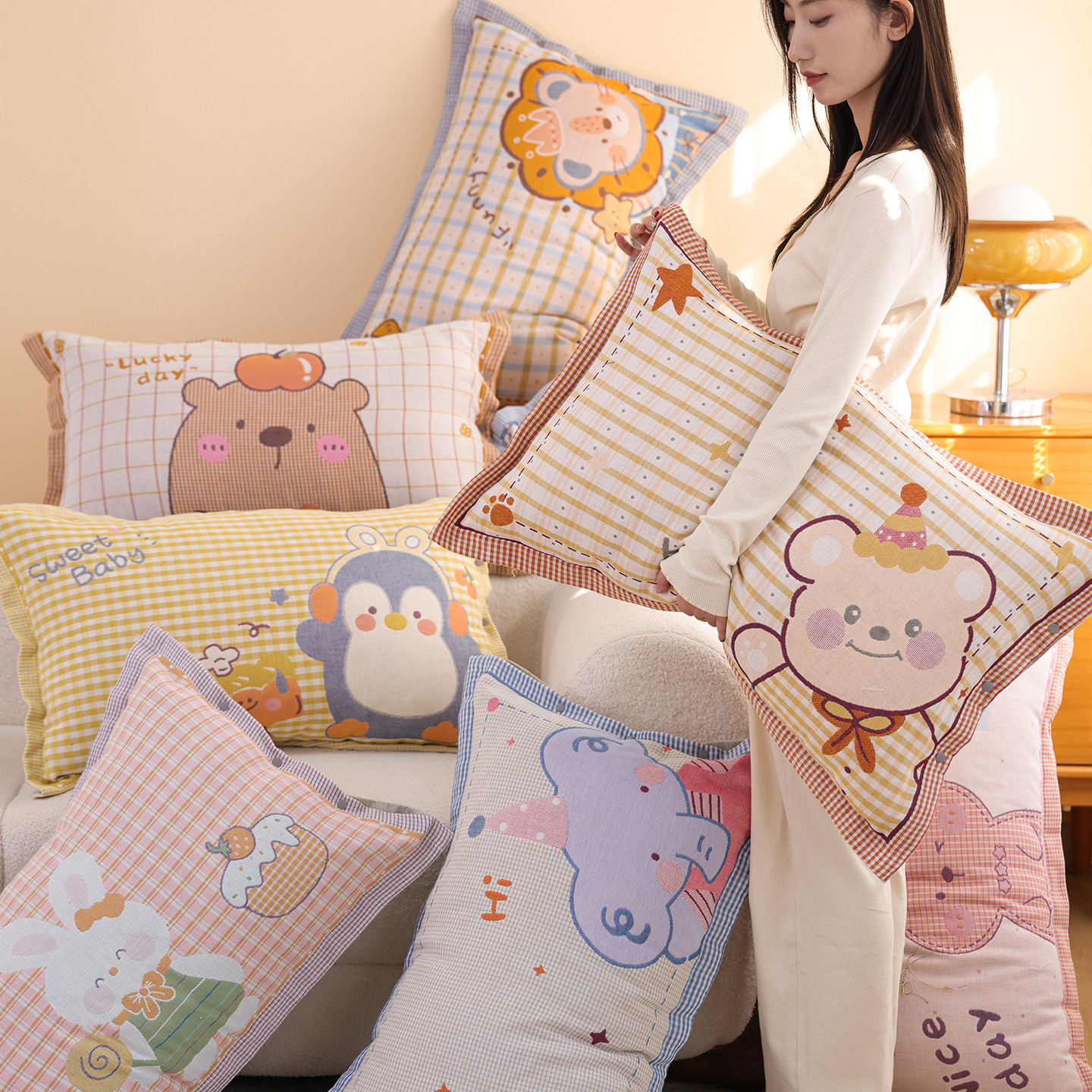 100%棉按扣纯棉纱布枕套一对装卡通柔软舒适枕头套全棉透气枕芯套,淘宝优惠券,粉丝福利购,淘宝优惠卷