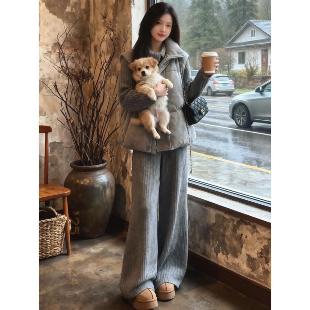 入冬穿搭一整套装女大码胖mm棉服马甲针织衫休闲裤简约慵懒三件套 - 图3