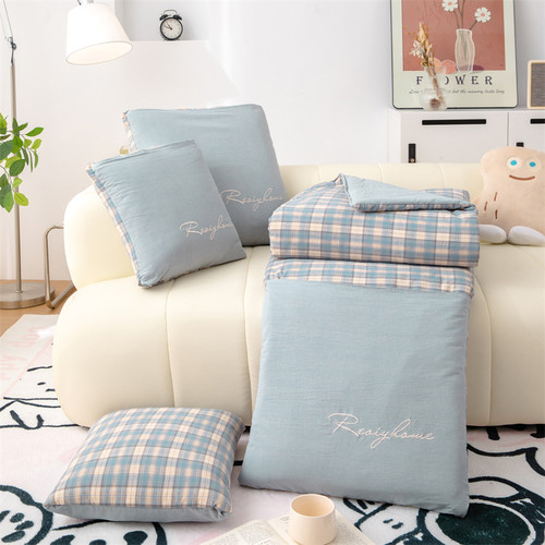 纯棉水洗棉全棉格子简约两用抱枕被靠垫枕头被午休空调被汽车沙发 - 图3