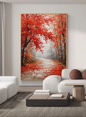 红色树林风景枫叶手绘油画