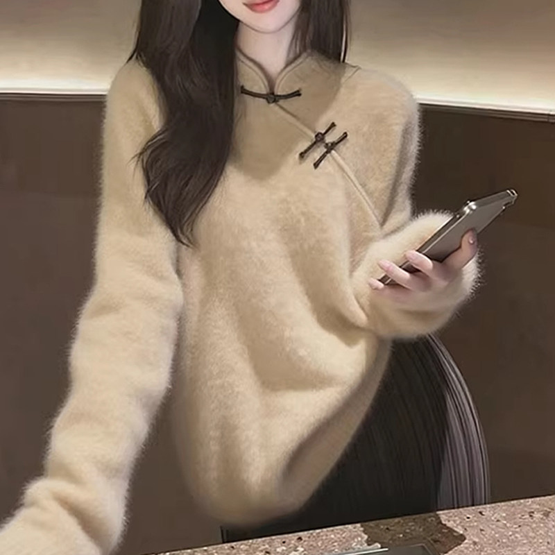 大码胖MM国风盘扣立领毛衣女2025秋冬季新中式宽松遮肚子显瘦上衣,淘宝优惠券,粉丝福利购,淘宝优惠卷