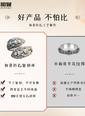 吕如曼足银999手工錾刻福寿做旧复古风非遗錾刻送礼物纯银戒指
