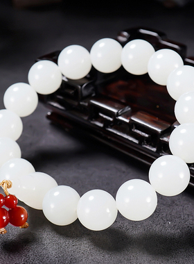 新疆大师张亚龙作品和田玉羊脂白玉圆珠手链49.24克 卡12