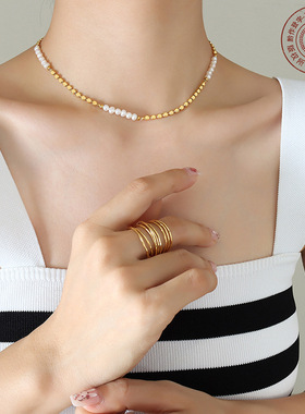 简约时尚欧美ins风气质不掉色铜材质淡水珍珠扁豆拼接项链首饰品